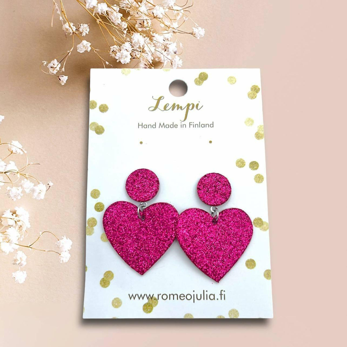 LEMPI® earrings, Hellä - sparkly pink heart earrings