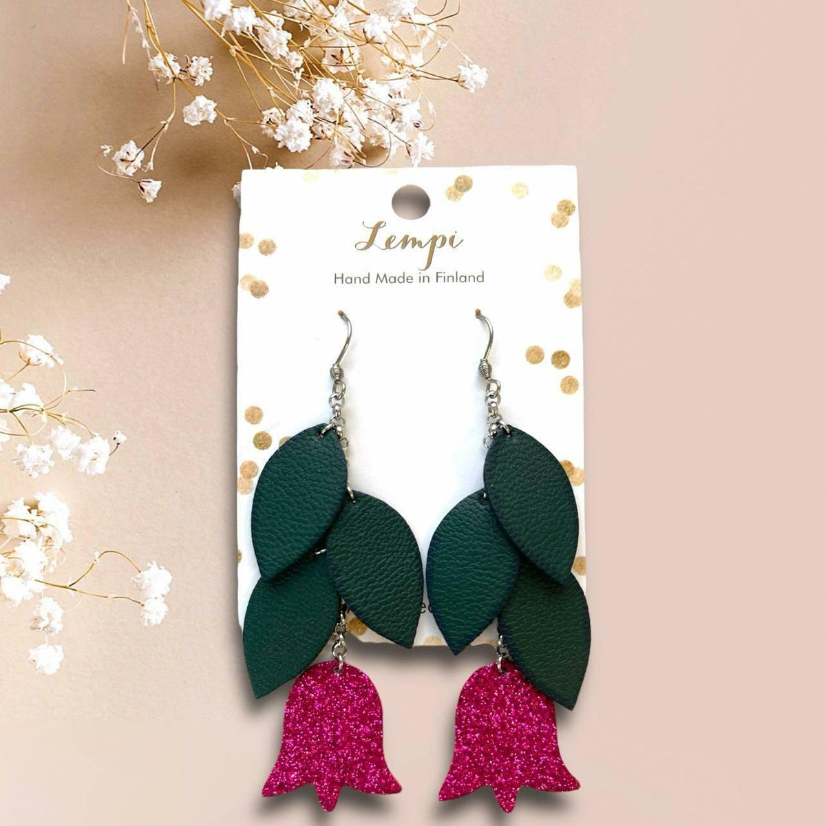 LEMPI®-korvakorut, Frida (vihreä, fuchsia kimallus)