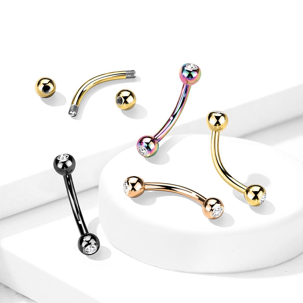 Titanium Crystal Arc 1.2mm– curved barbell with clear crystals (rose gold)