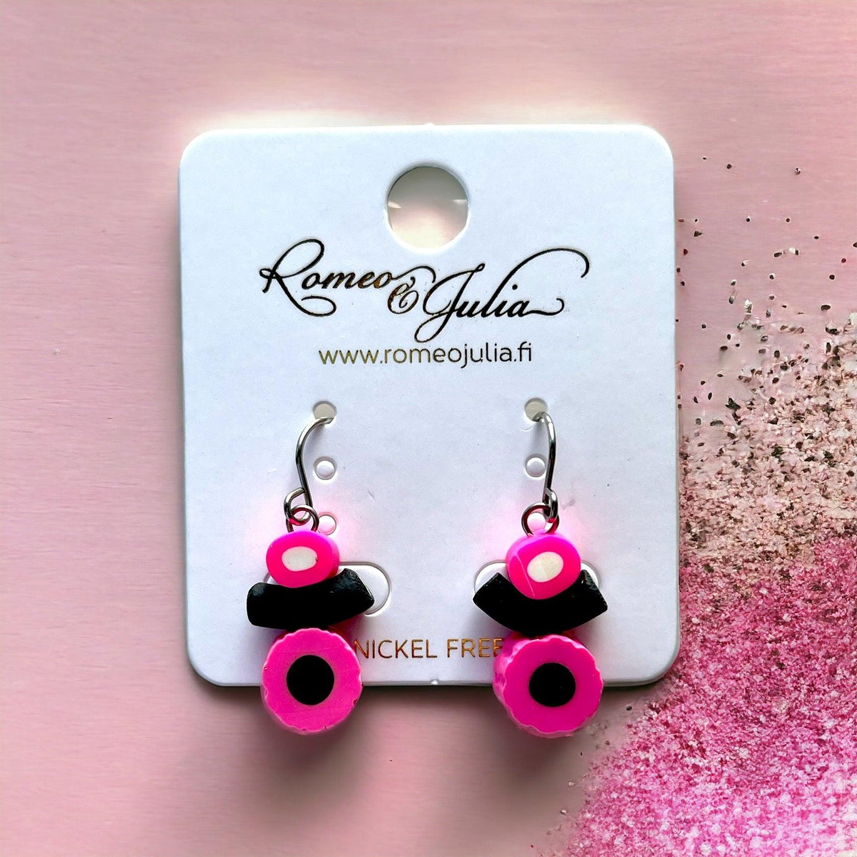Earrings, All Sorts - pink English licorice