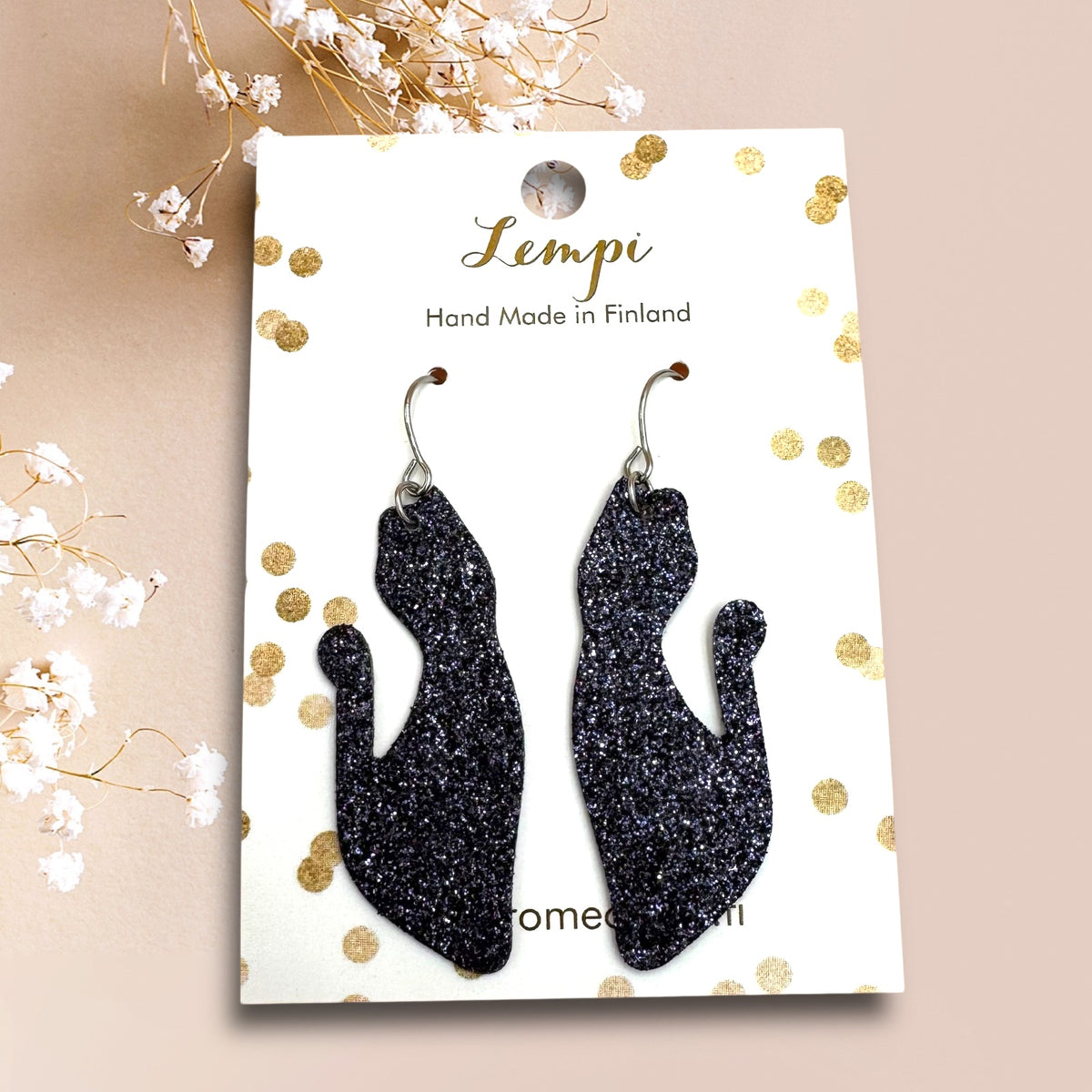 LEMPI® earrings, Cat flirting (carbon black glitter)