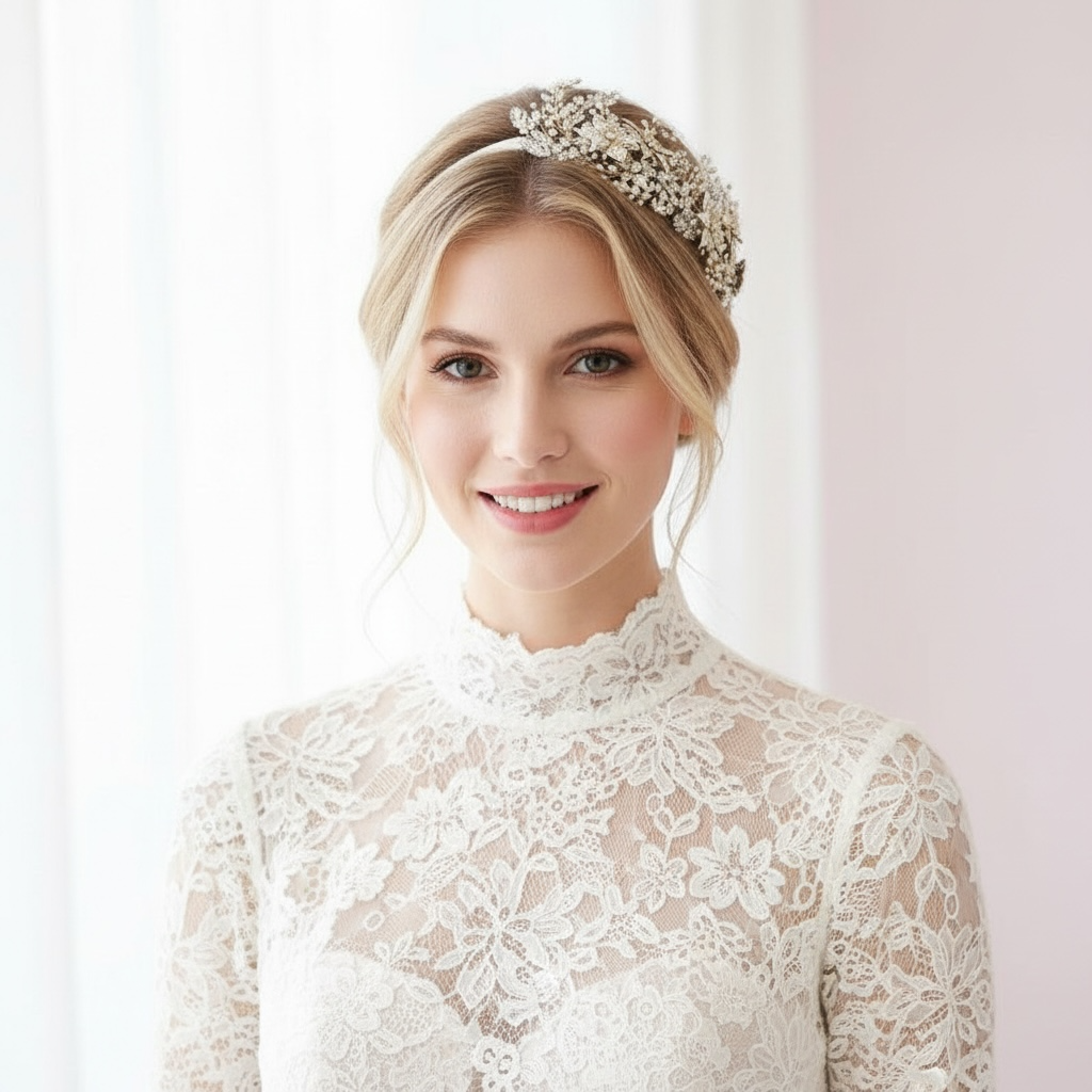 Hair ornament, headband/ROMANCE, Glamorous Headpiece with Silver Flowers