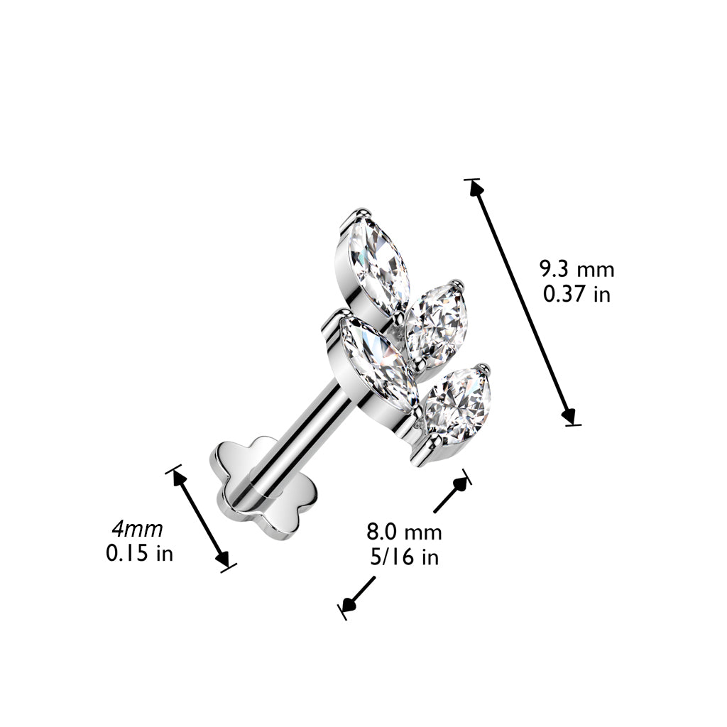 Labret 1,2mm, Titanium Crystal Leaf –lehtimäinen kristallikoru titaanista (kulta)