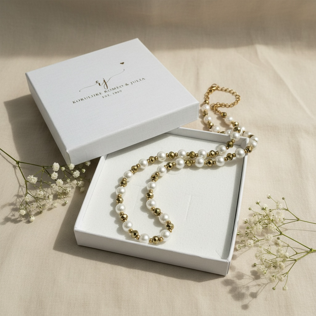Jolie Champagne handmade pearl necklace (white, gold)