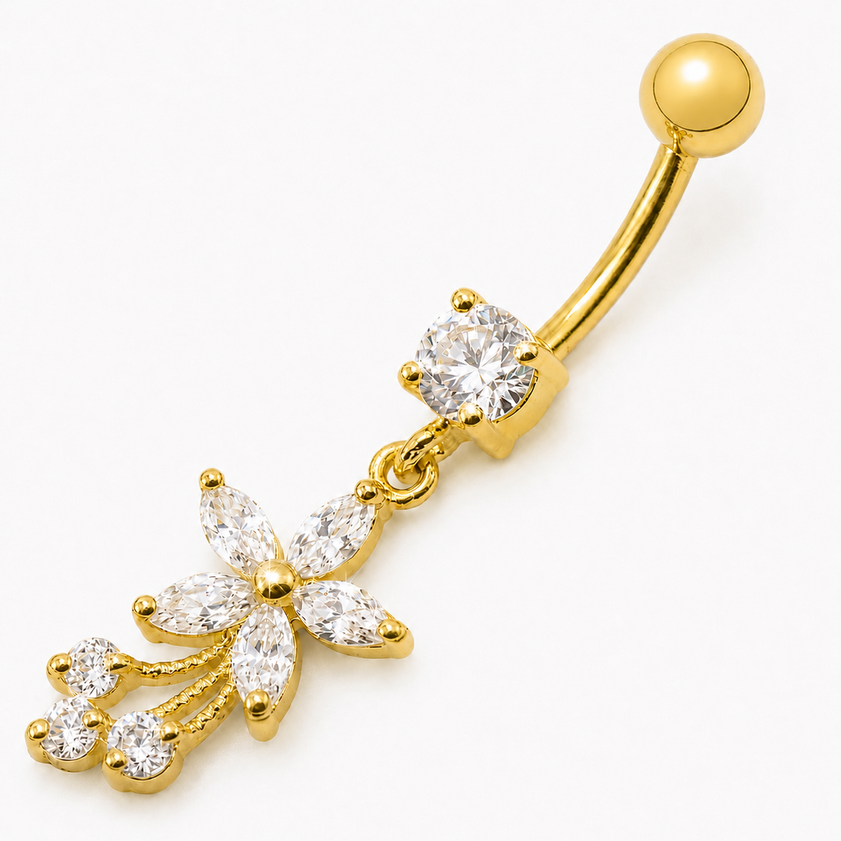 Gold-plated belly button ring, Fleuria – a dangling flower-decorated belly button ring