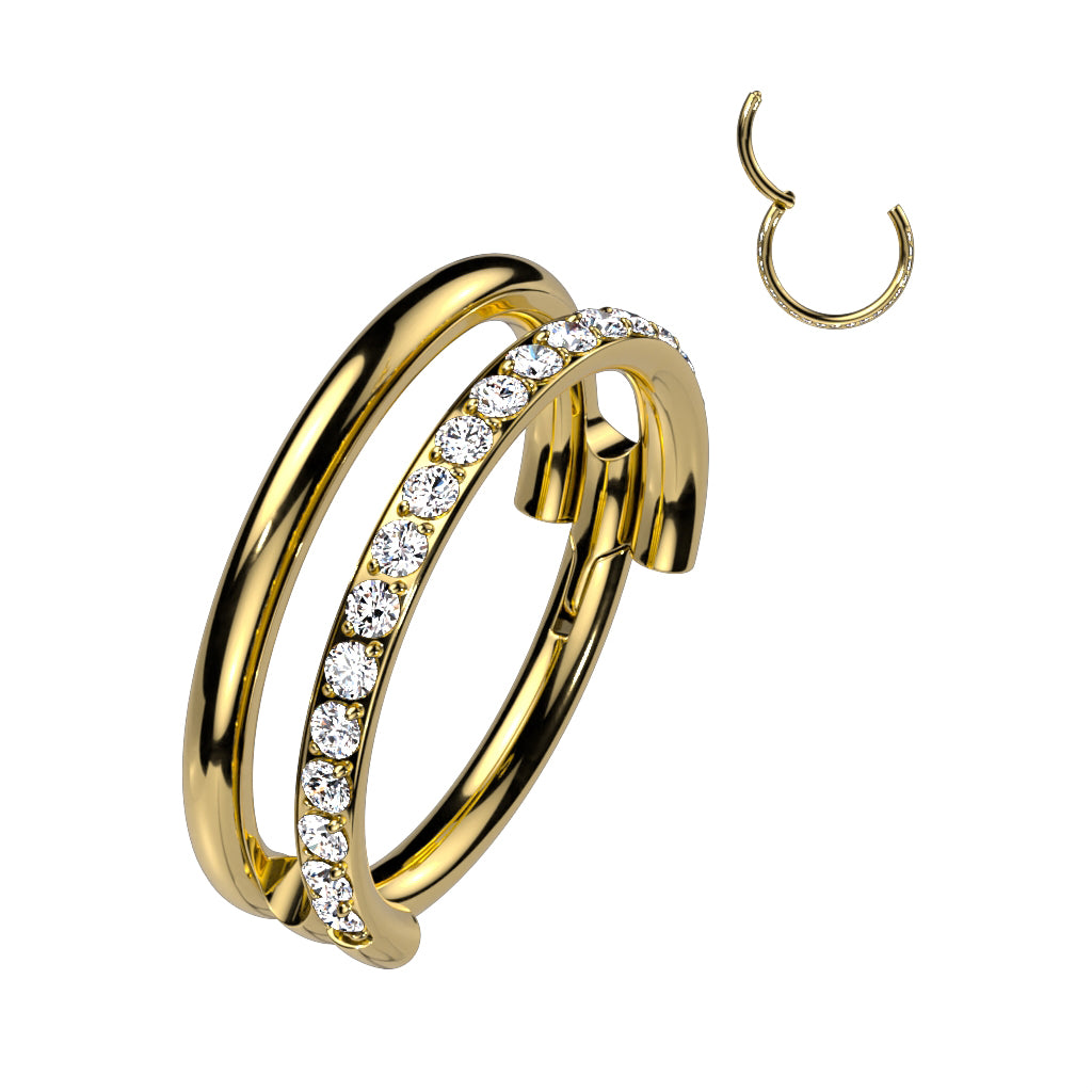 Lävistysrengas 1,2mm, Titanium Double Line CZ -titaaninen clicker (kulta)