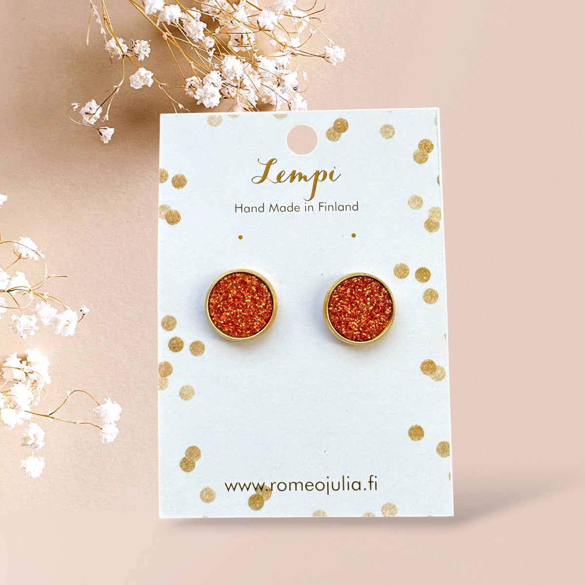 LEMPI® -korvakorut, Veera – pyöreät nappikorvakorut (oranssi kimallus, S)