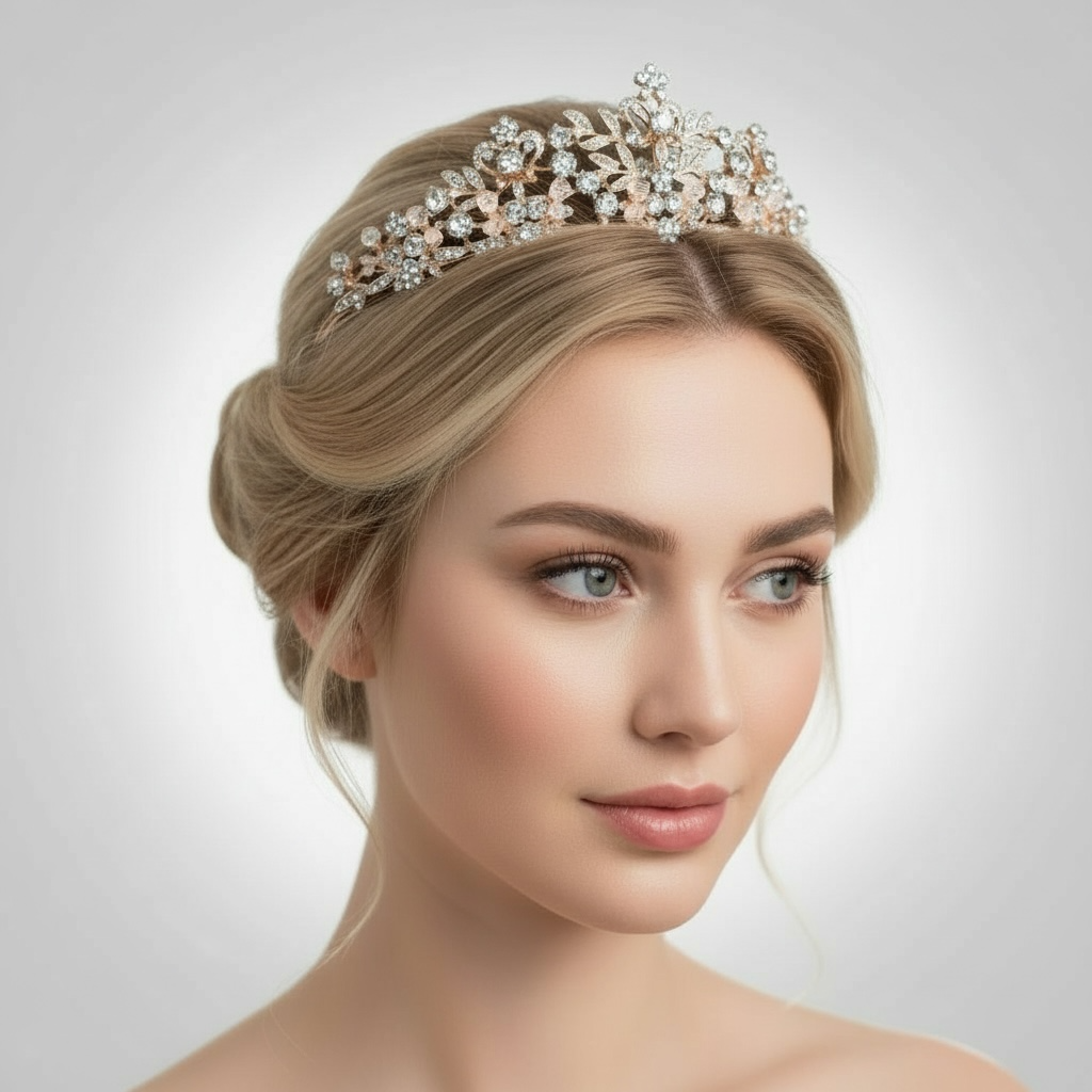 ROMANCE Rosalie ruusukullanvärinen tiara – korkea 5 cm tiara persikansävyisillä ja kirkkailla kivillä.
