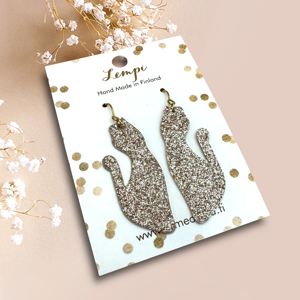 LEMPI® earrings, Cat flirting (rose gold glitter)