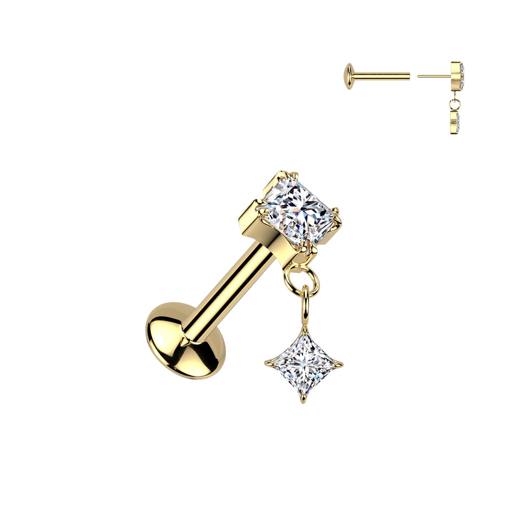 Labret 1,2mm, Titanium Lumen Drop – neliö koristeella varustettu titaanikoru (kulta)