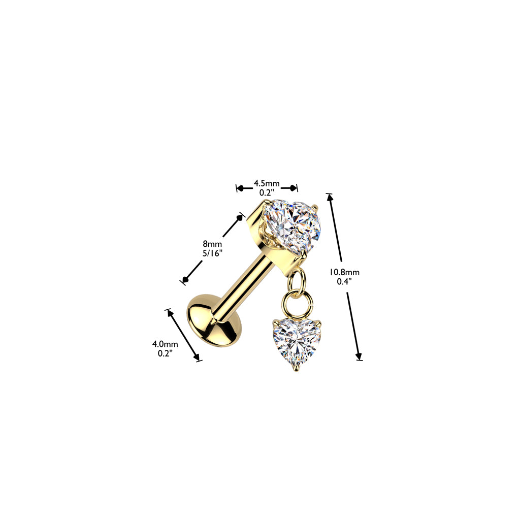 Labret 1,2mm, Titanium Heartlight – sydänkoristeinen titaanikoru (kulta)