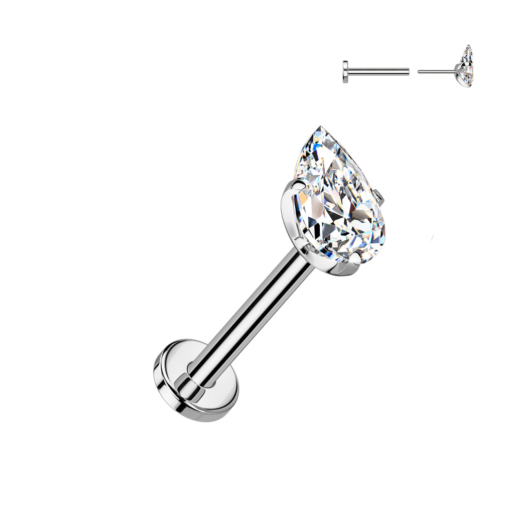 Labret 1,2mm, Titanium Essential Dew – pisaranmuotoinen kristalli titaanista (hopea, push in)