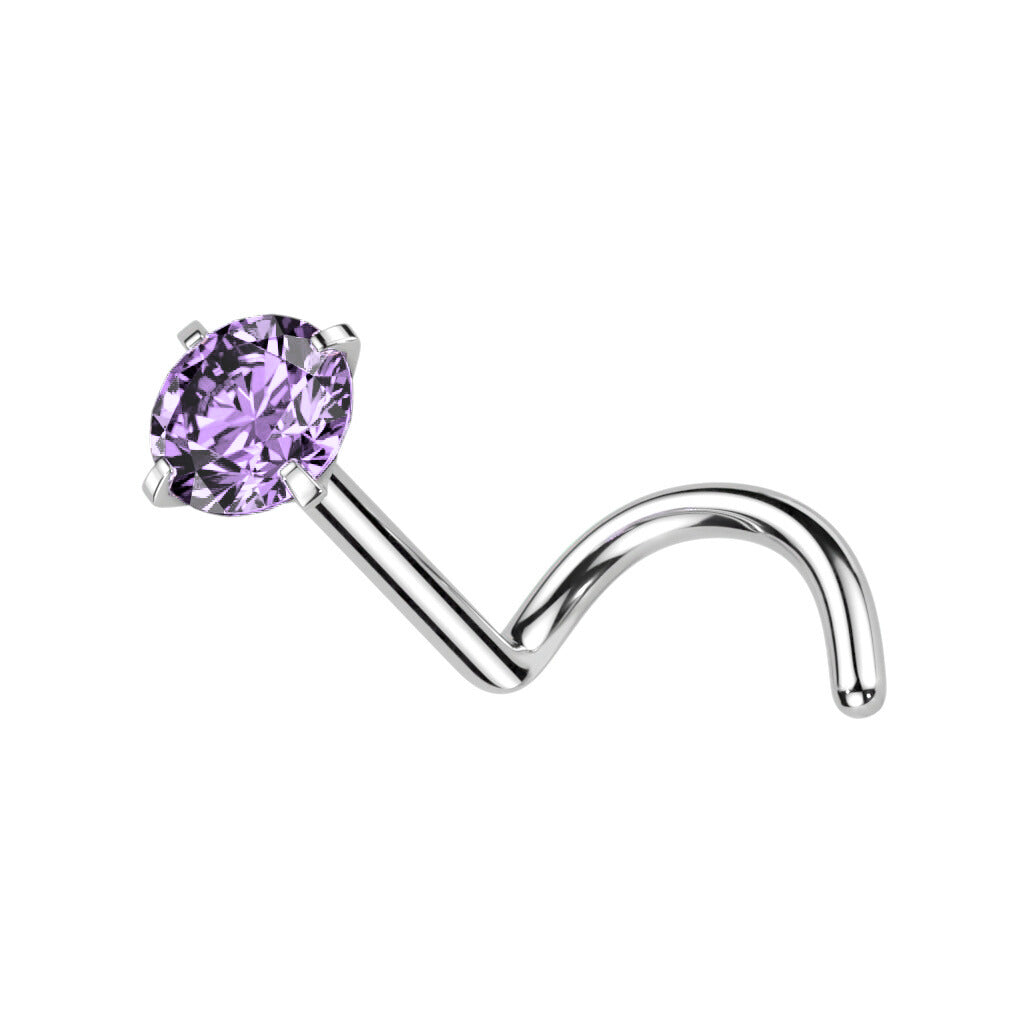 Hopeanvärinen titaaninen nenäkoru 0,8 mm varrella ja violetilla 2 mm kivellä.