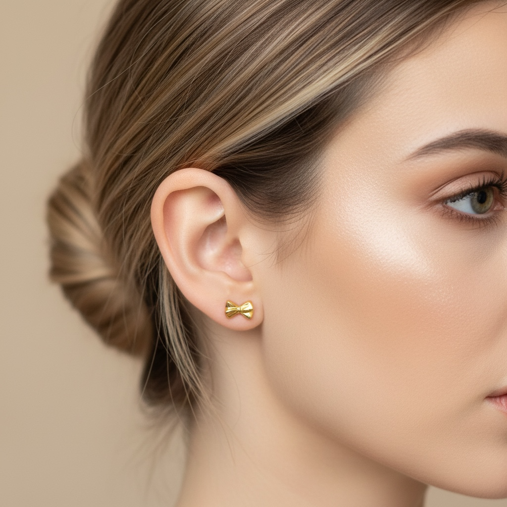 Titaaninen push-in labret rusetti 8 mm varrella alakorvan lävistyksessä.