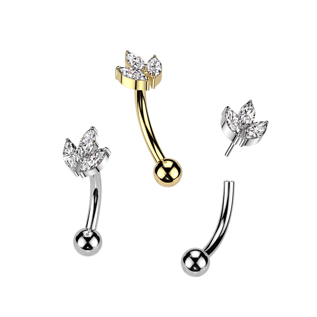 Curved Barbell 1,2mm, Titanium Leaflight – kolmen lehden koriste titaanista (hopea, push in)