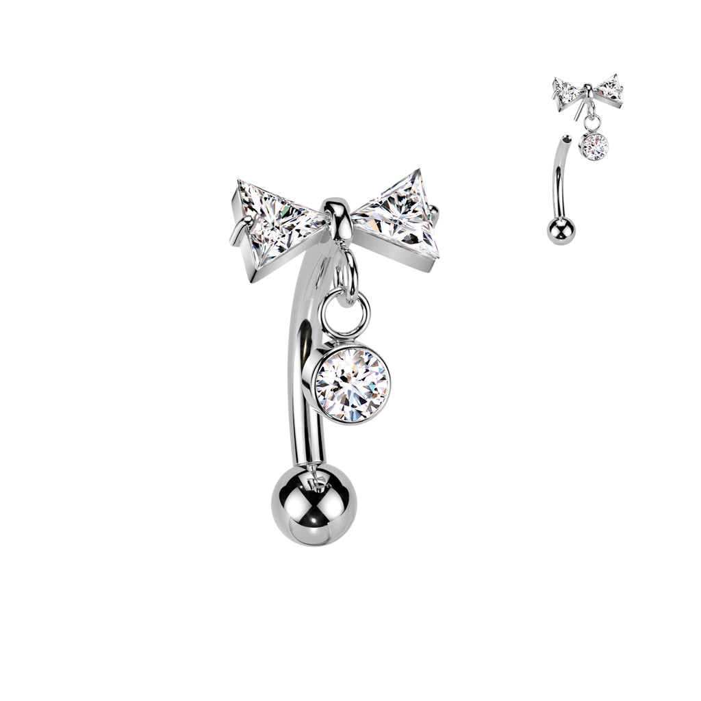 Curved Barbell 1,2mm, Titanium Bowdrop – siro rusetti roikkuvalla yksityiskohdalla (hopea, push in)