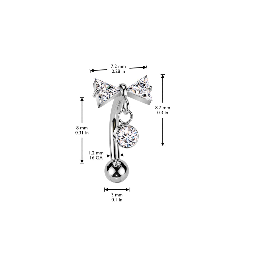 Curved Barbell 1,2mm, Titanium Bowdrop – siro rusetti roikkuvalla yksityiskohdalla (hopea, push in)