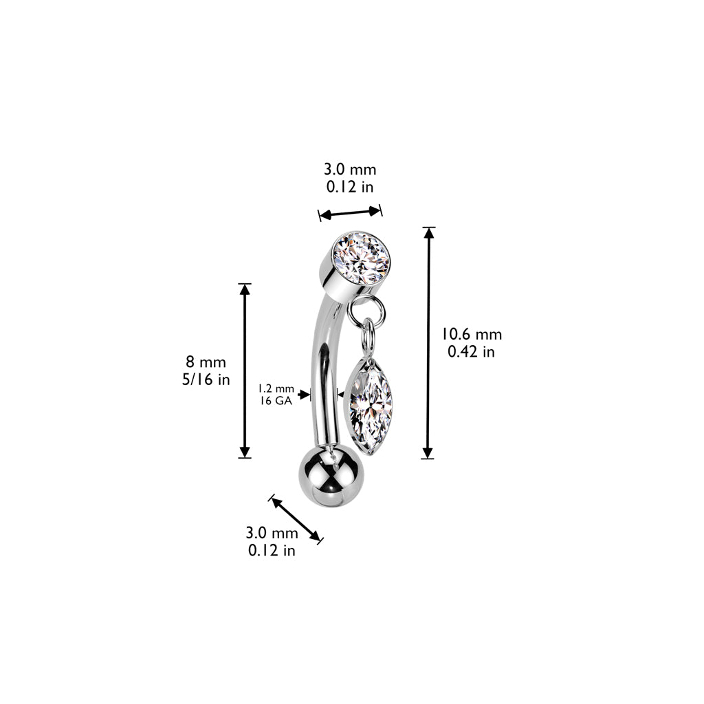 Curved Barbell 1,2mm, Titanium Crystaldrop – klassinen kristalli roikkuvalla yksityiskohdalla (hopea))