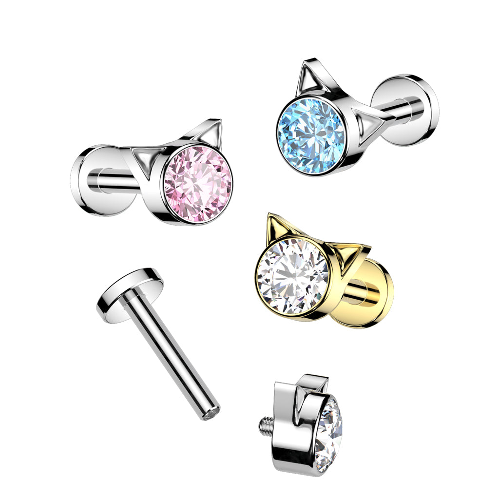 Labret 1,2mm, Titanium Mini Secret Kitty – pieni kissanpääkoristeinen titaanikoru (hopea)