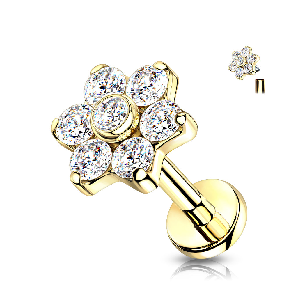 Labret 1,2mm, Titanium Crystal Bloom – kirkaskivinen kukkakoristeinen titaanikoru (kulta)
