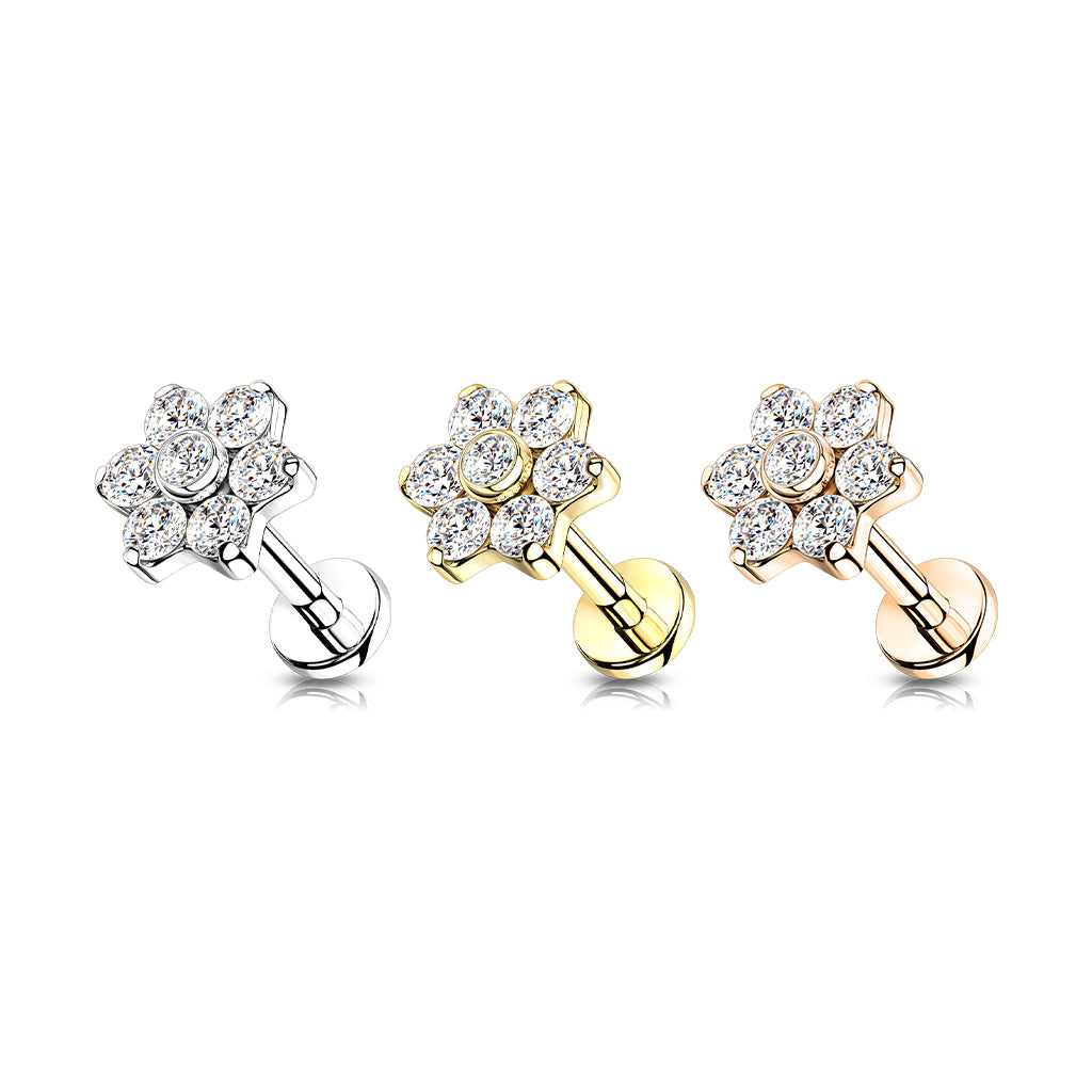 Labret 1,2mm, Titanium Crystal Bloom – kirkaskivinen kukkakoristeinen titaanikoru (hopea)