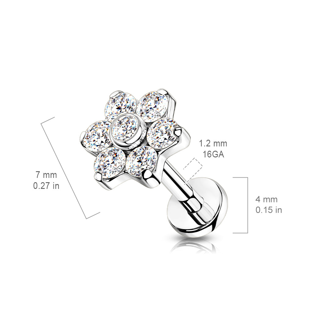 Labret 1,2mm, Titanium Crystal Bloom – kirkaskivinen kukkakoristeinen titaanikoru (hopea)