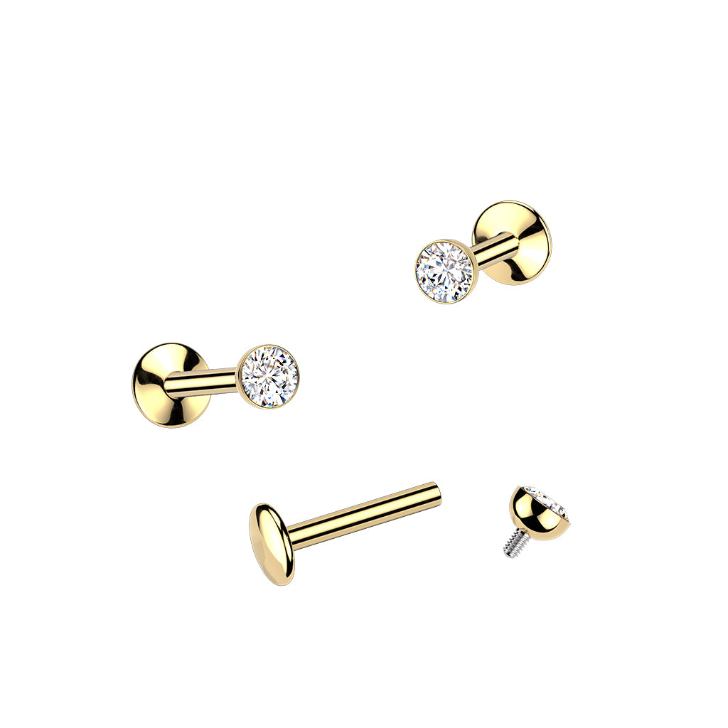 Titaanilabret 1,2mm, Crystal Glow – kirkas kristalli (24K kulta PVD, sisäkierre)