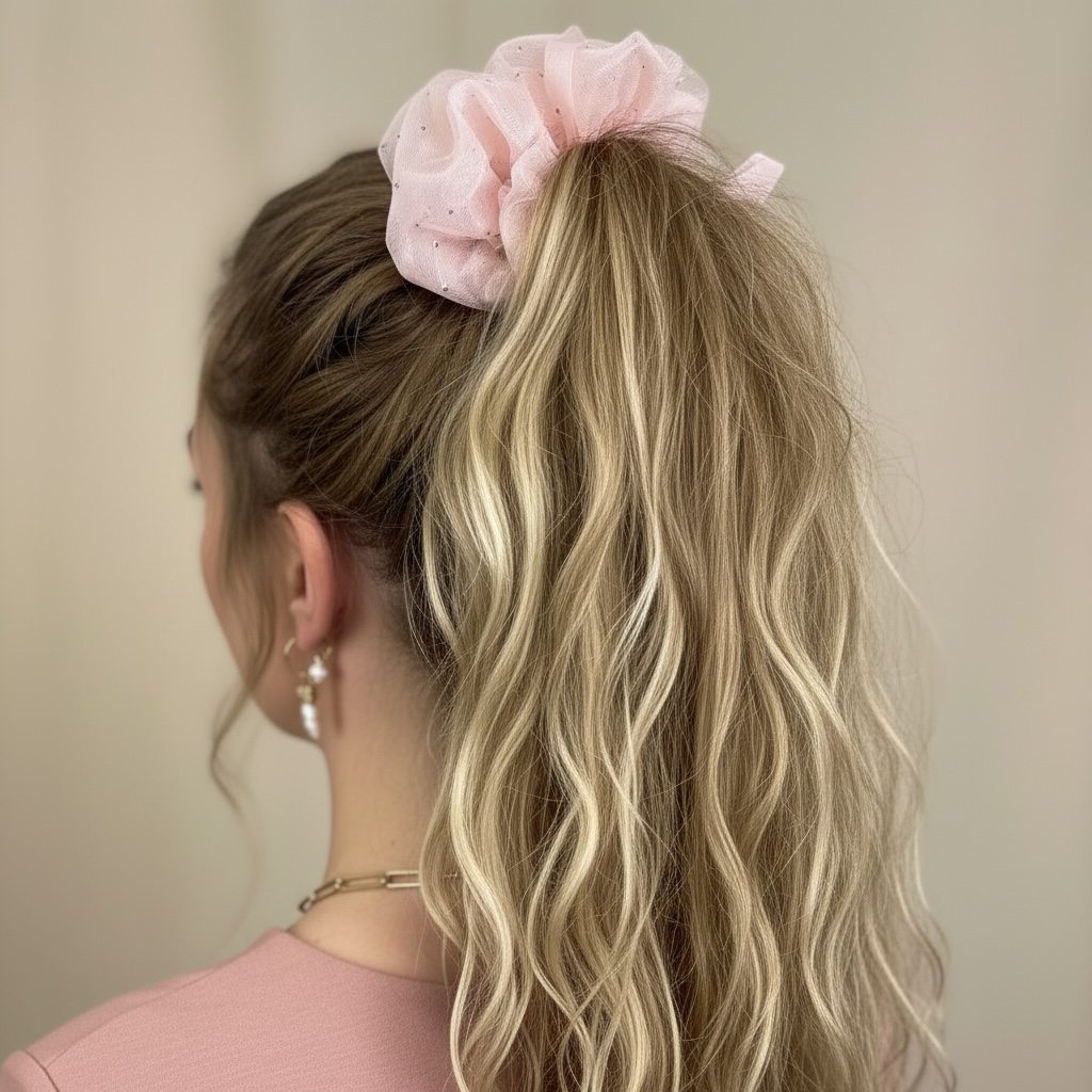 SUGAR SUGAR® | Starlight scrunchie – vaaleanpunainen kimaltava hiusdonitsi (XL)